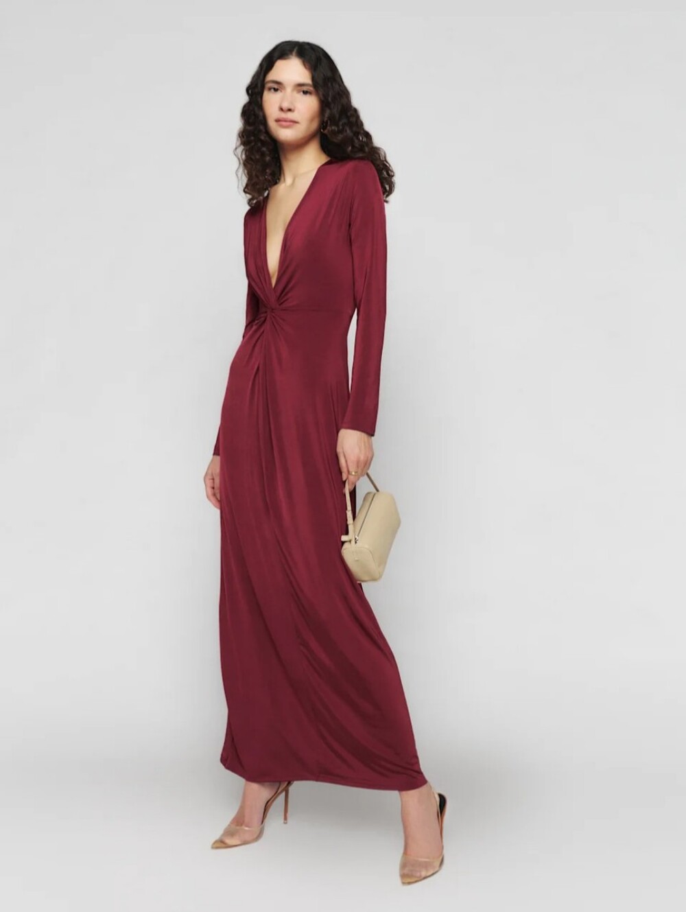 Reformation Elverson Knit Dress L Chianti Red Long Sleeve Deep V Neck Maxi Chic